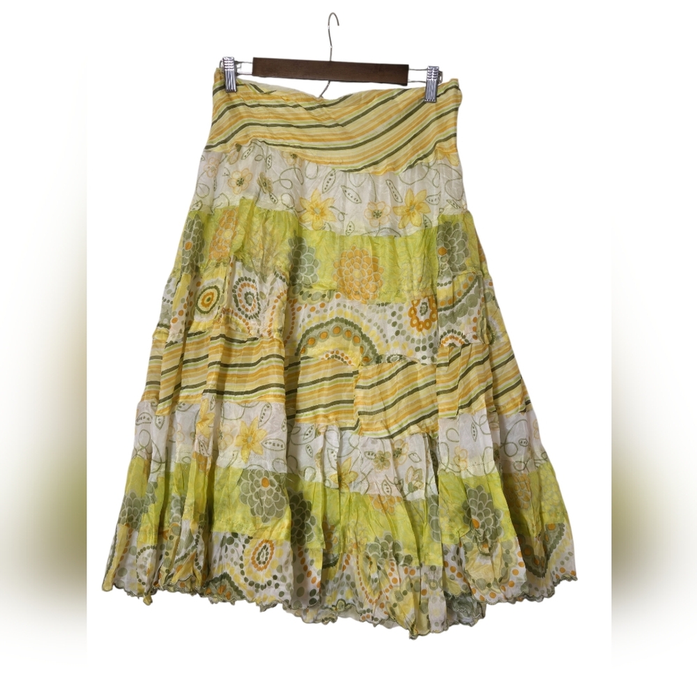 Floral Boho Tiered Midi Skirt in Yellow-Green Sz Large NWT - Picture 2 of 3
